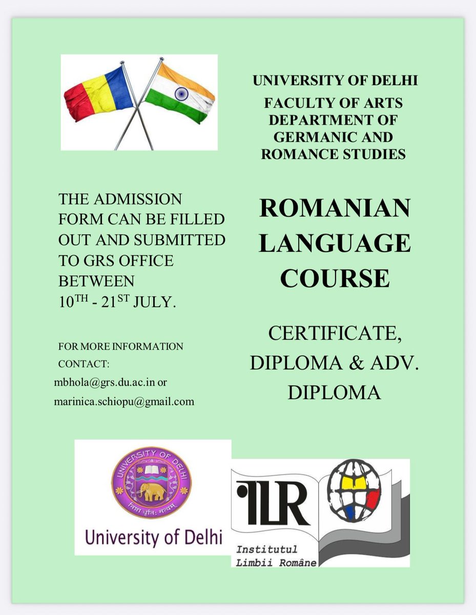 🇷🇴🇮🇳 Romanian language course at the University of Delhi! 🇷🇴🇮🇳

🗓️ Admissions Open: 10th – 21st July

#RomaniaInIndia #Romania #Romanianlanguage #UniversityofDelhi