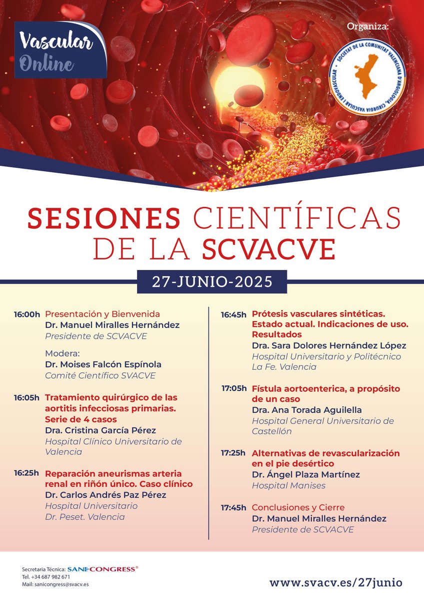 📢 ¡Aún estás a tiempo de inscribirte!
🆓 La inscripción es gratuita, y podrás asistir a ponencias de gran nivel científico
📅 Consulta el programa completo y realiza tu inscripción aquí:
👉 svacv.es/27junio/inscri…
#SCVACVE #VascularOnline #Angiología #CirugíaVascular <a href="/seacv_esp/">SEACVE</a>