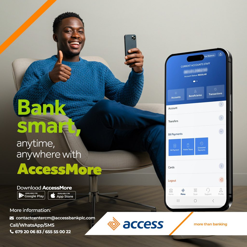 Say goodbye to queues and hello to convenience!
Download the AccessMore App and enjoy seamless banking 24/7.
Available on Google Play &amp; App Store.

#AccessMore
#UnlockMore
#MoreThanBanking 
#PlusQuUneBanque 
#AccessBankCameroon