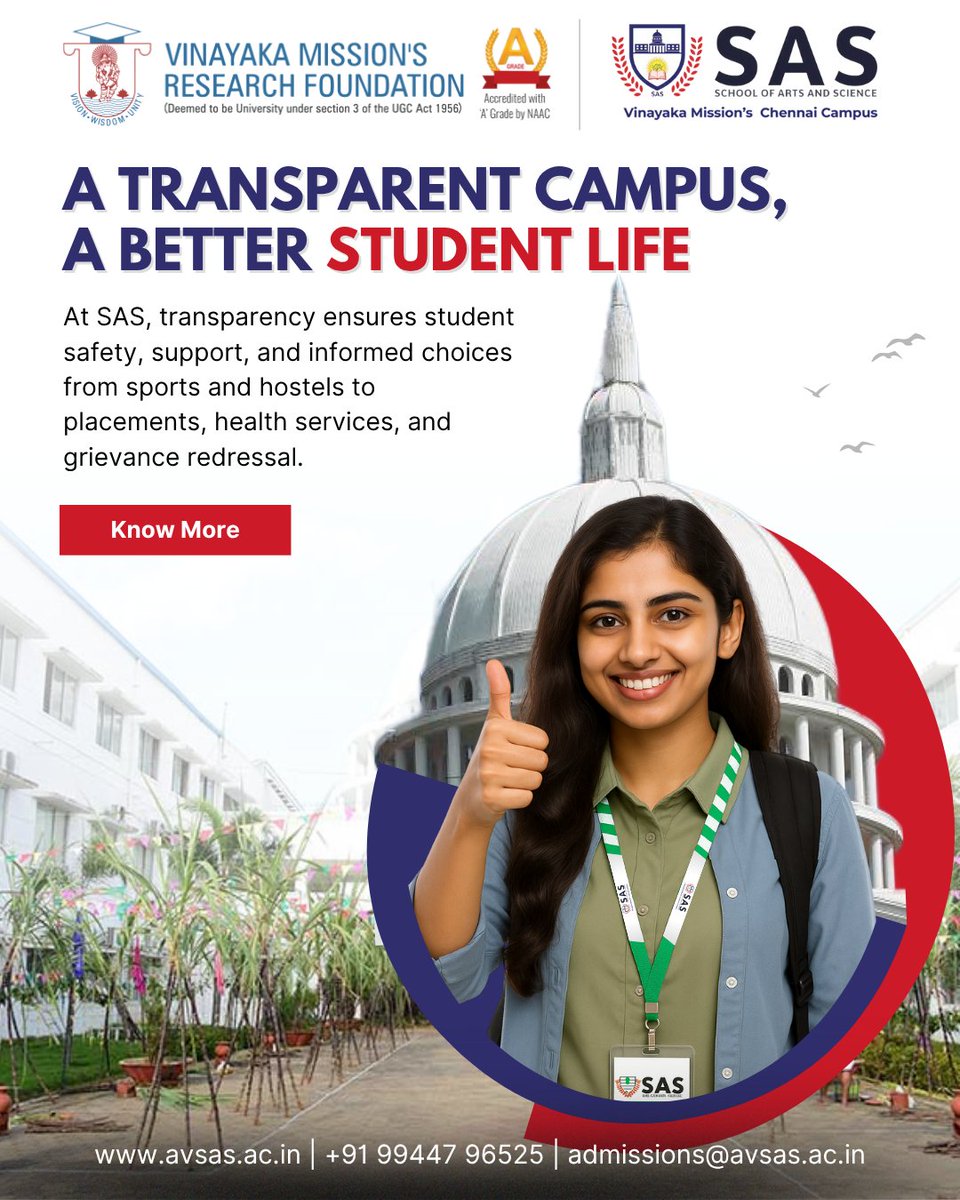 avsas_ac_in's tweet image. At the School of Arts and Science, every step — from hostels to placements — is guided by transparent, student-first processes. Because informed students are empowered students.

🔗 avsas.ac.in

#SASChennai #VinayakaMissions #TransparentGovernance #StudentCentric