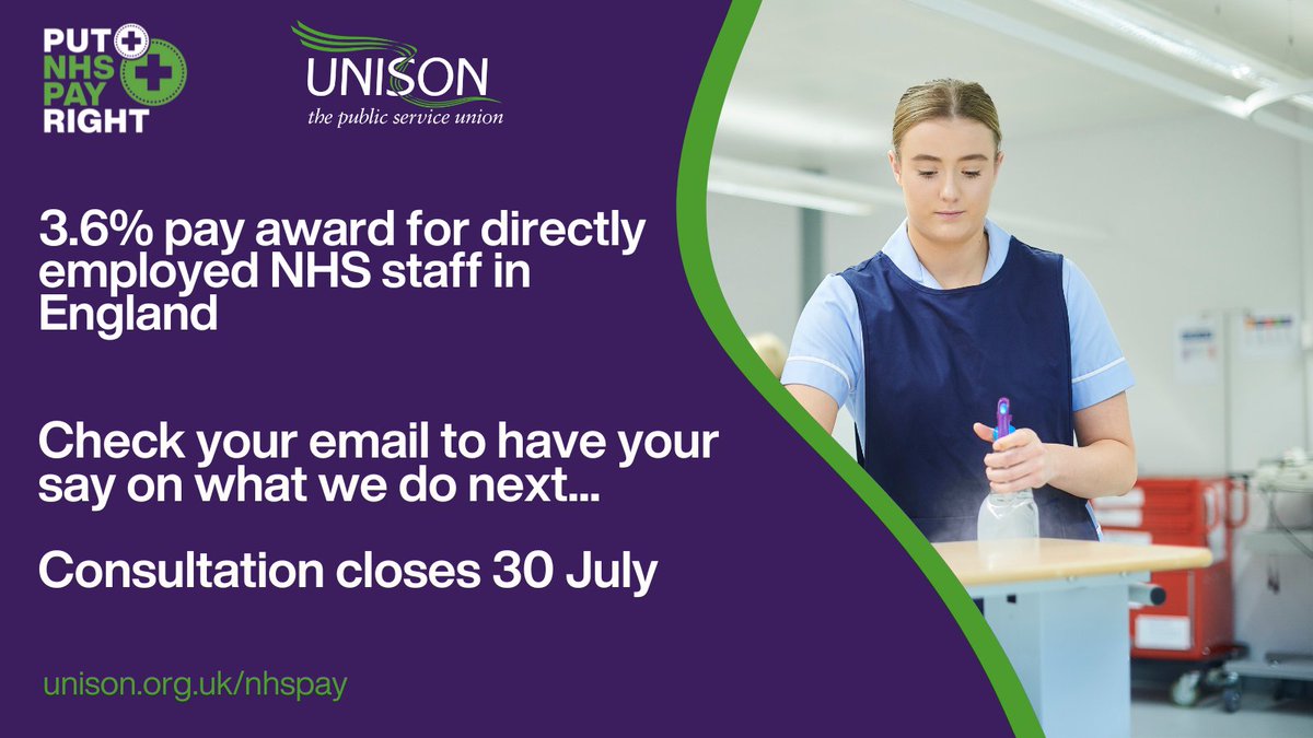 📣It's time to have your say on the 3.6% pay award. 📣

✉️Check your email for your voting link and take just one minute to tell us whether you would be willing to take industrial action to seek improvements to this year’s pay award.  

More info: unison.org.uk/nhspay