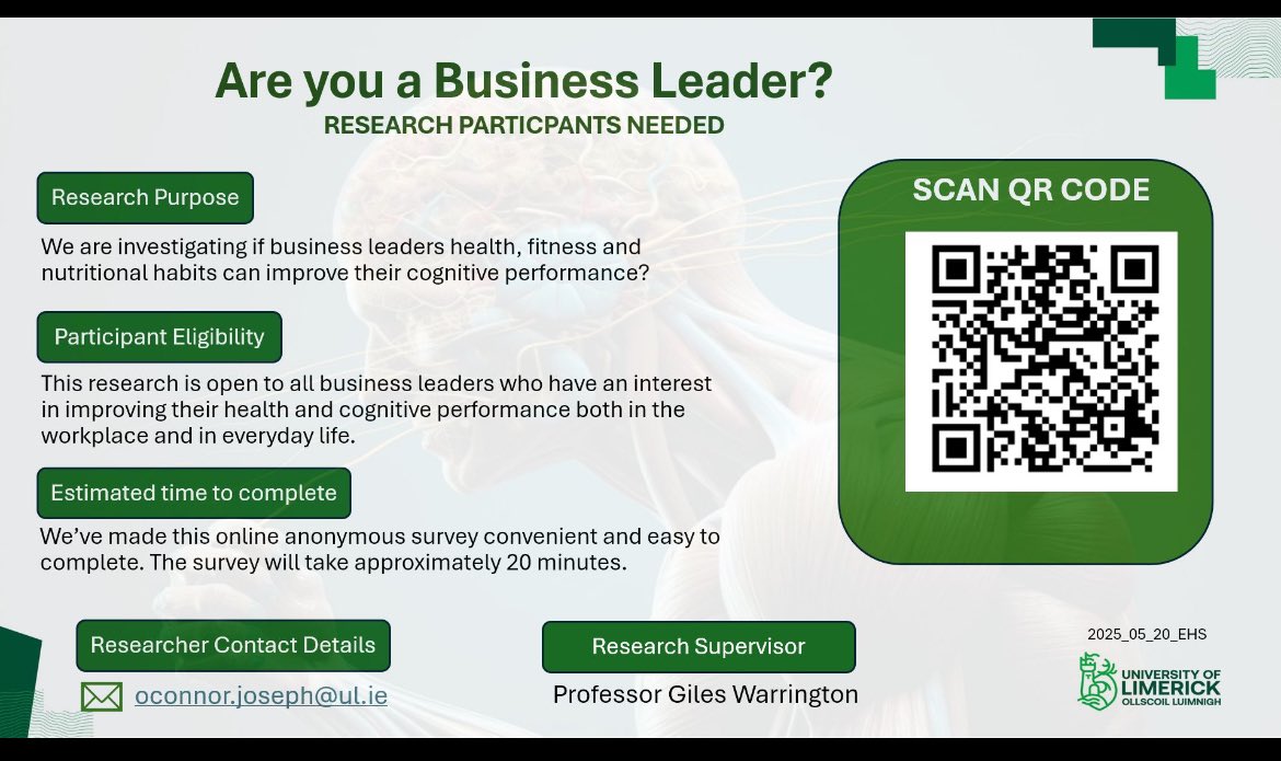 We are looking for 1000 business leaders and c-suite executives from around the world to take our 20 minute survey below. “Can a business leaders health, fitness, nutrition and lifestyle habits improve their cognitive performance?” 
unioflimerick.eu.qualtrics.com/jfe/form/SV_74…