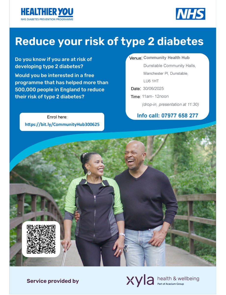 Come to our upcoming Community Health Hub - a chance for those eligible for the NHS Diabetes Prevention Programme to better understand their risk of developing Type 2 Diabetes and how the programme can help reduce it.

📅 30 June
🕚 11am to Midday
📍 Dunstable Community Halls