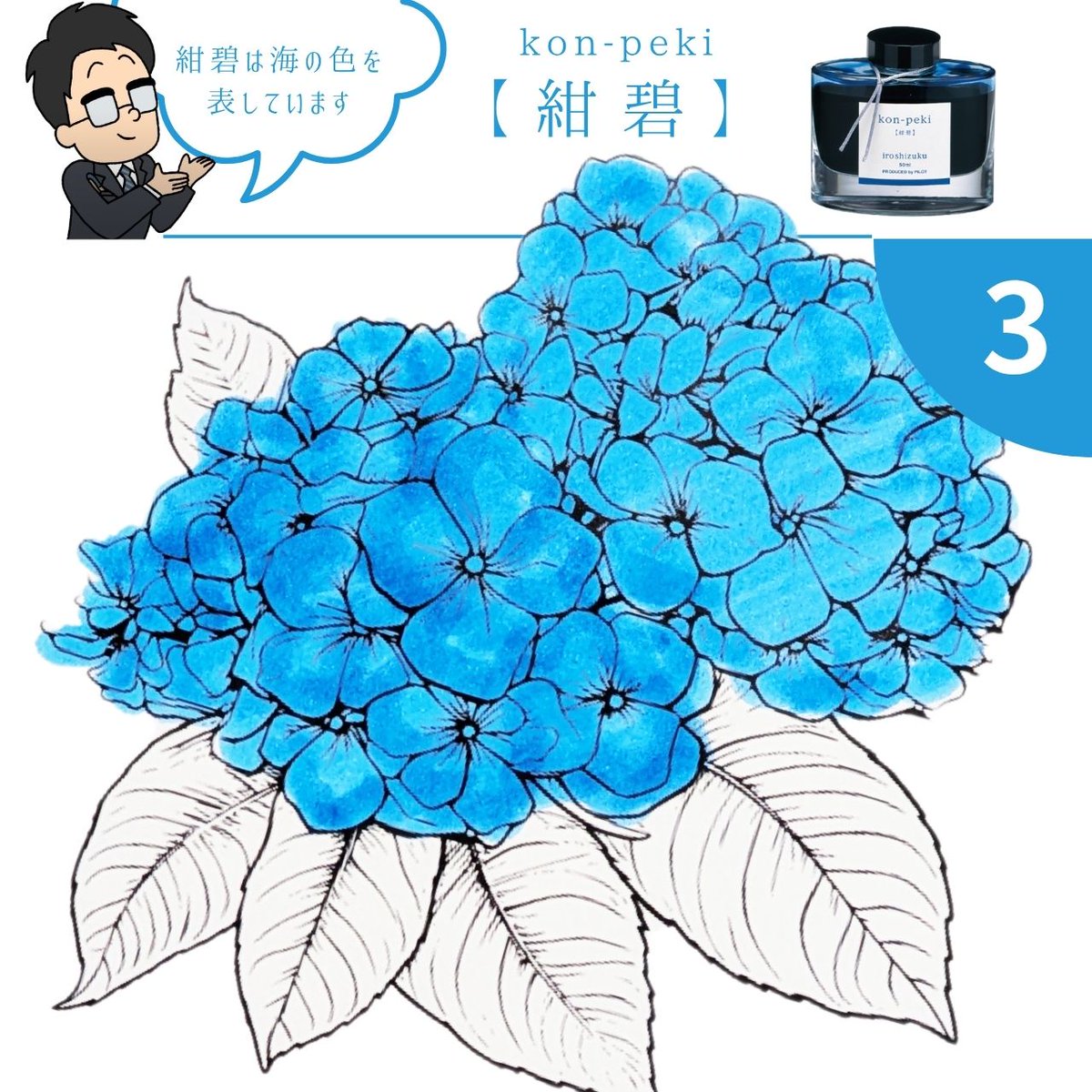 PilotPenJP's tweet image. こんにちは、PILOTの滑書です👓
万年筆インキ『色彩雫』の色当てクイズを作ってみました!
梅雨シーズンにピッタリな「紫陽花(アジサイ)」の色を4つの中から当ててみてください👀
画像をタップすると色名が表示されます!
正解だと思う画像をタップ👉