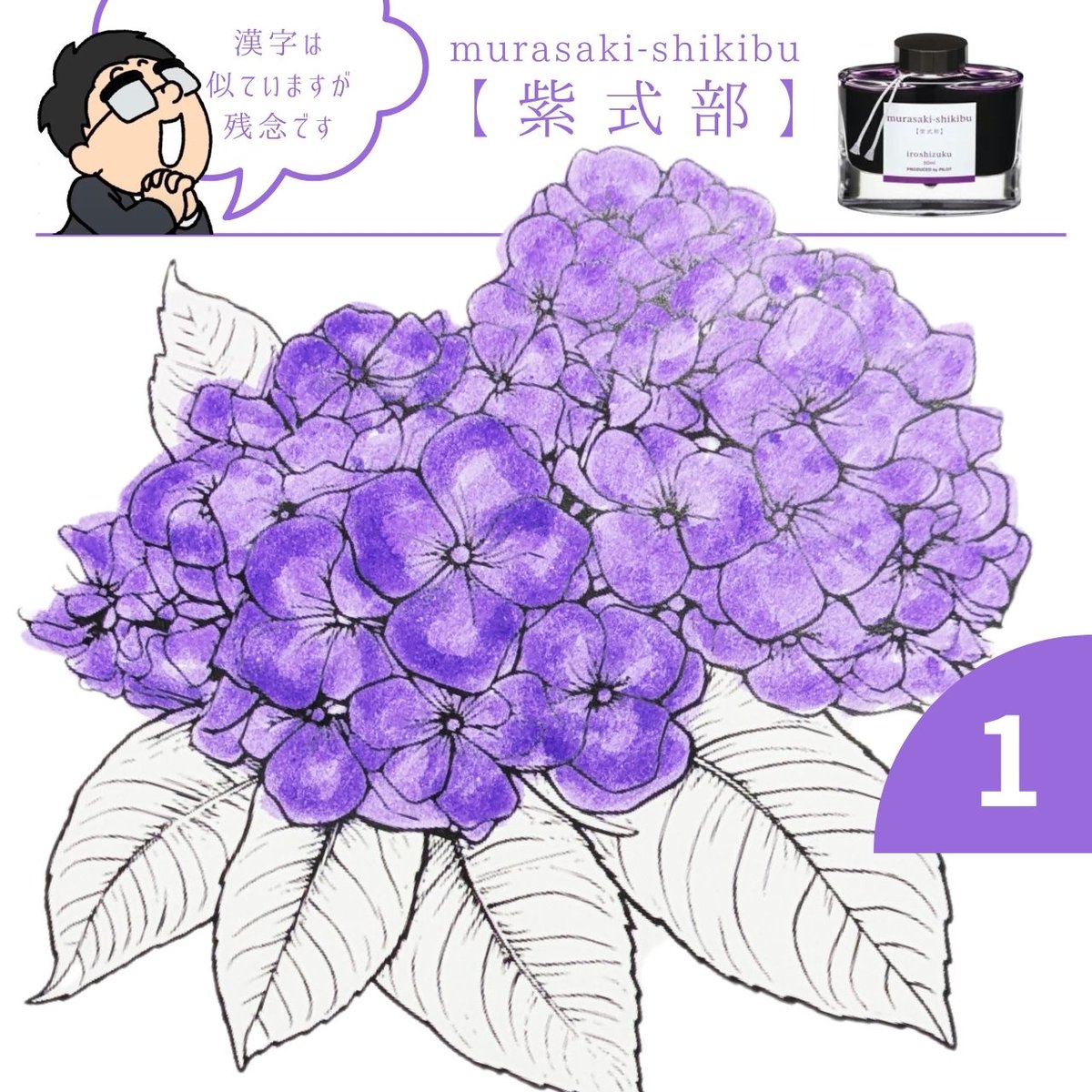 PilotPenJP's tweet image. こんにちは、PILOTの滑書です👓
万年筆インキ『色彩雫』の色当てクイズを作ってみました!
梅雨シーズンにピッタリな「紫陽花(アジサイ)」の色を4つの中から当ててみてください👀
画像をタップすると色名が表示されます!
正解だと思う画像をタップ👉