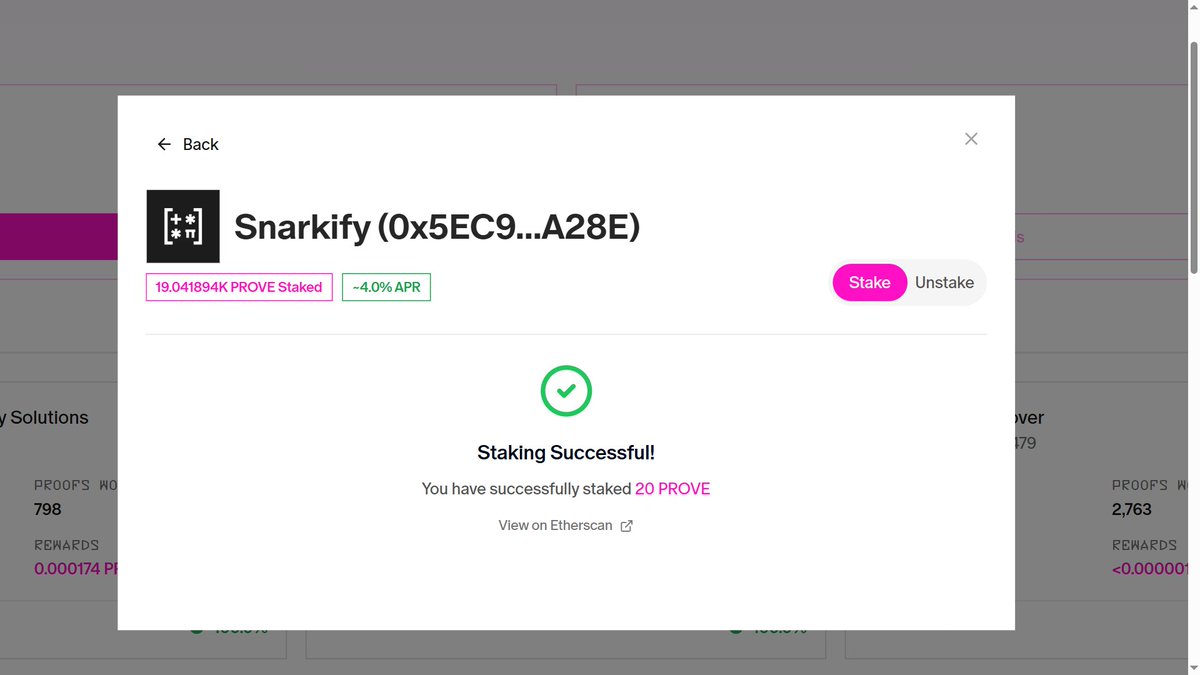 I just staked 20 $PROVE tokens to the 'snarkify' node on  <a href="/SuccinctLabs/">Succinct</a> testnet 2.5. 

There seems to be some compatibility issues when i try to use OKX wallet for staking, so you might wanna try Metamask when you're trying to stake.

Mainnet comes next, and i can't be bullish