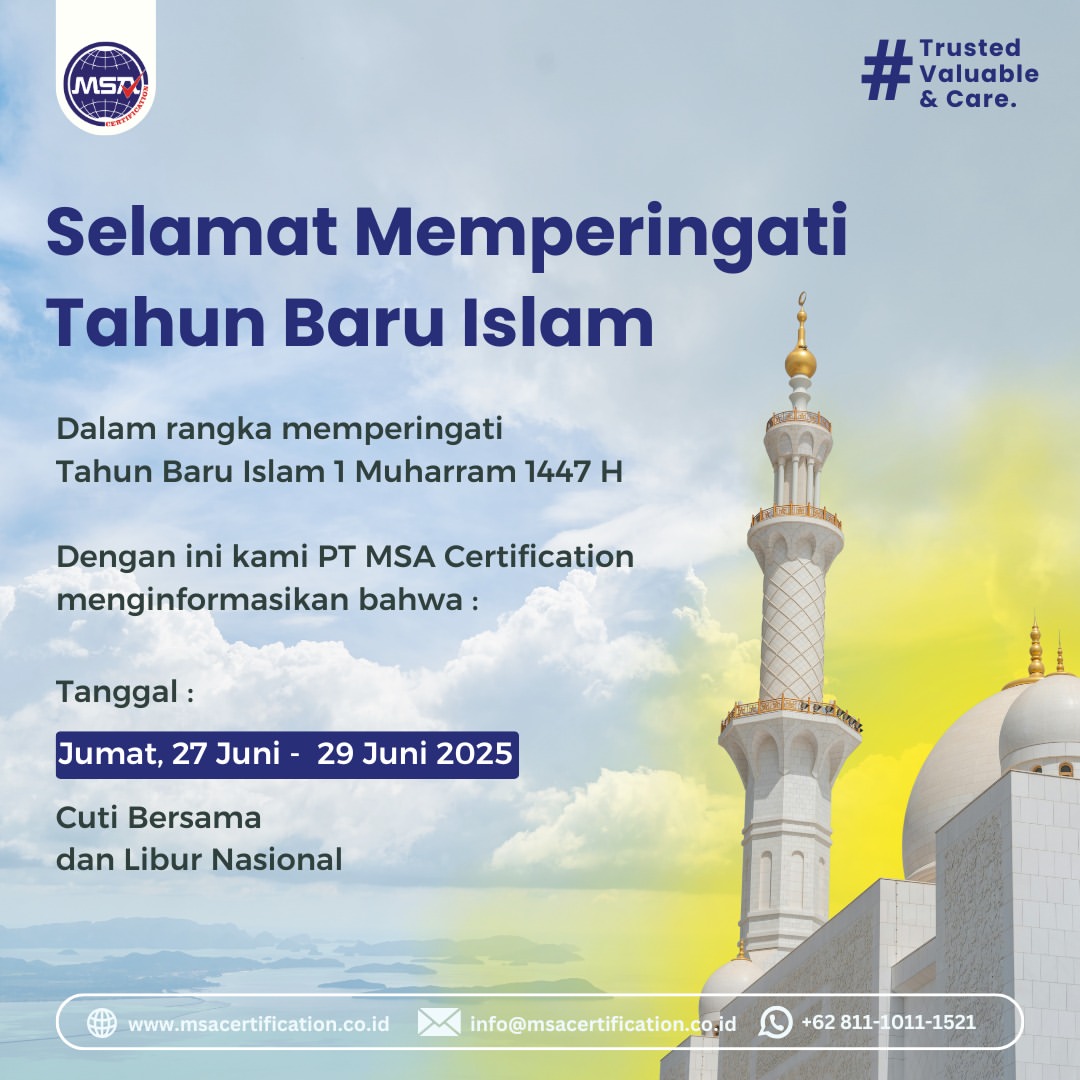 msacert_id's tweet photo. ✨ Selamat Tahun Baru Islam 1 Muharram 1447 H ✨

🕌 Diinformasikan bahwa:
📅 Jumat, 27 Juni – Minggu, 29 Juni 2025
📌 PT MSA Certification akan melaksanakan Cuti Bersama dan Libur Nasional

Aktif kembali, Senin, 30 Juni 2025.

Terima kasih
#TahunBaruIslam #1Muharram1447H https://t.co/jJTND9Md8b