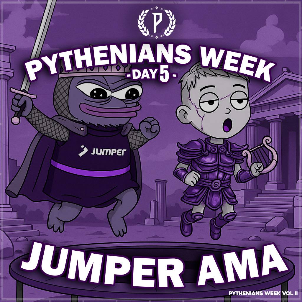 PytheniansNFT's tweet image. Day 5 of Pythenians Week.
Our frens from @JumperExchange are joining us for a banger AMA session in Pyth Discord! Make sure to tune in for exclusive alpha and immaculate vibes!