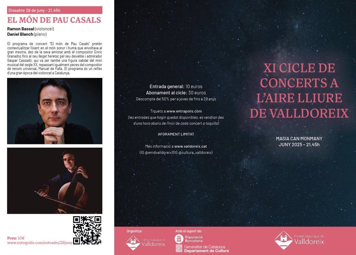 Molt content de poder tornar a tocar amb Ramon Bassal demà dissabte 28 de juny a les 21.45h a Valldoreix. Farem un programa preciós titulat "El món de Pau Casals" amb obres de Joaquim i Gaspar Cassadó, Enric Granados i Manuel de Falla.