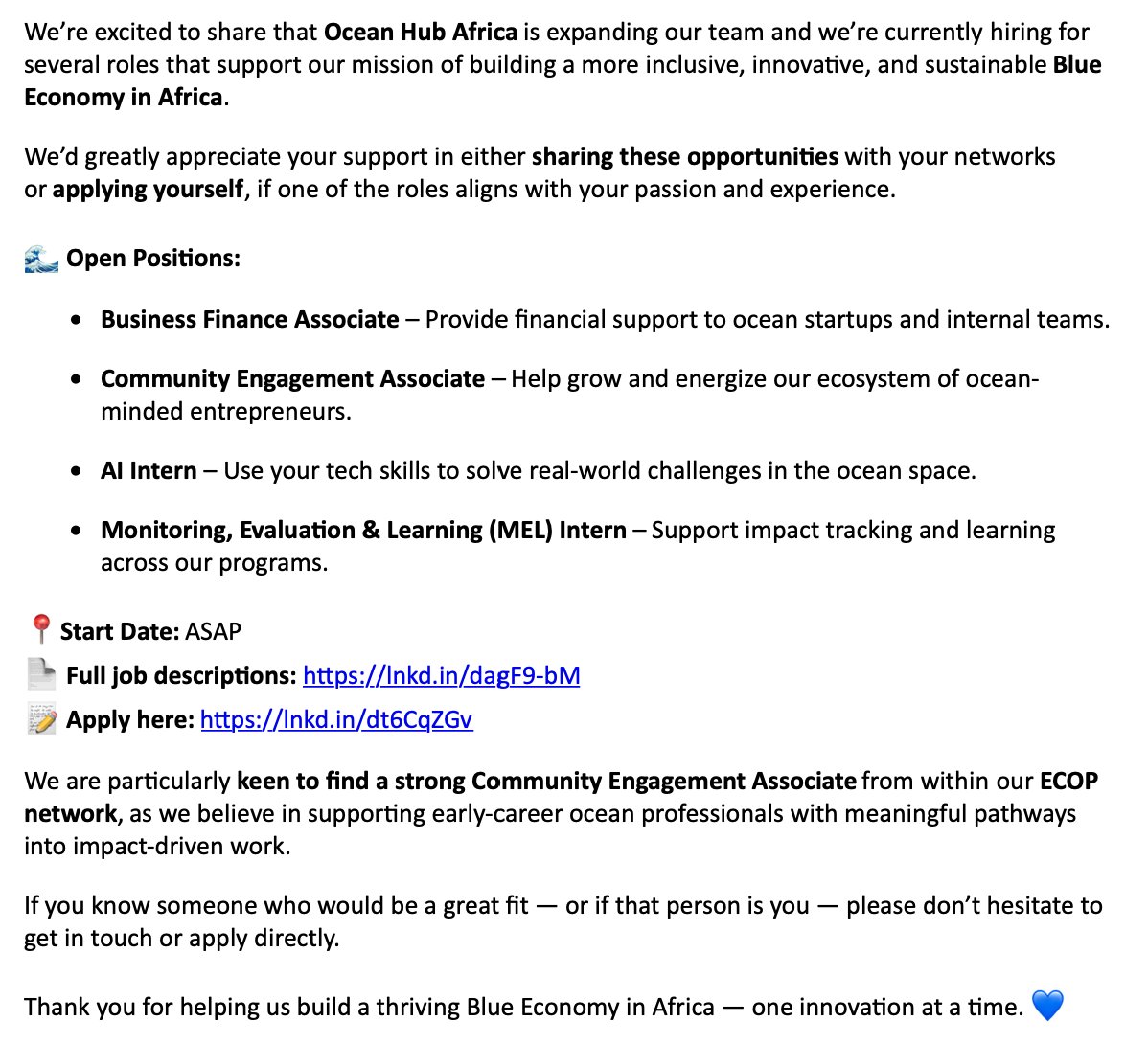 OceanHub Job Opportunity!
📄 Full job descriptions: lnkd.in/dagF9-bM
📝 Apply here: lnkd.in/dt6CqZGv