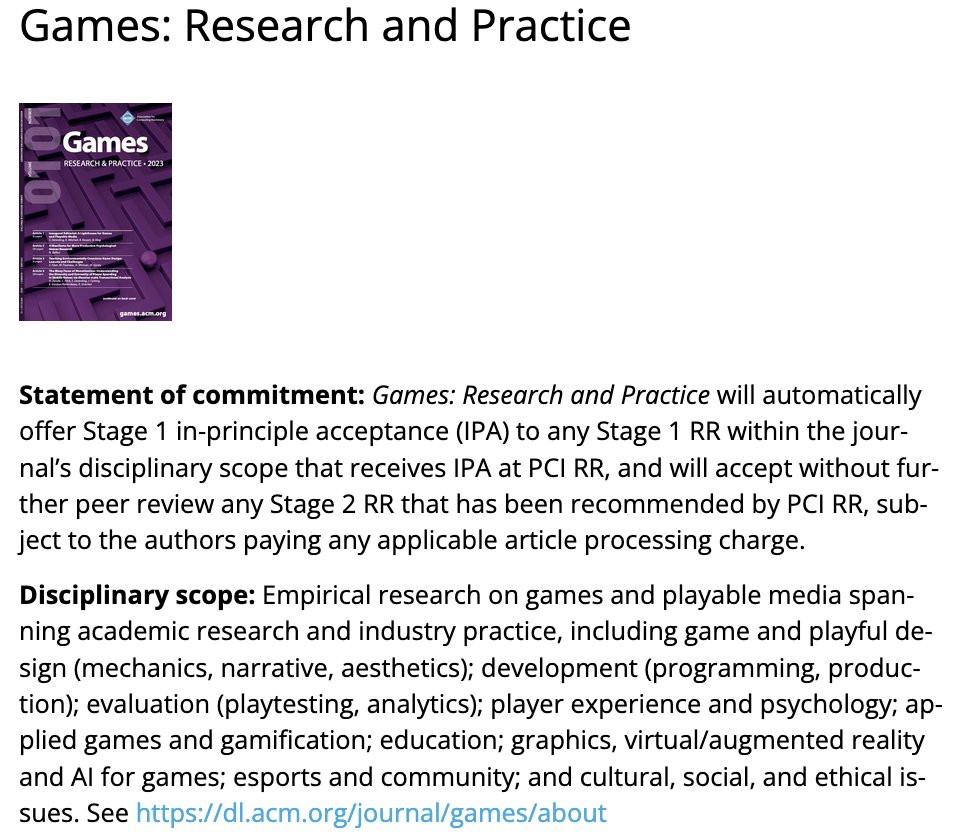 PCI Registered Reports (@pcirr@spore.social) (@pci_regreports) on Twitter photo A warm welcome to Games: Research and Practice as our latest PCI RR-friendly journal, edited by <a href="/dingstweets/">Sebastian Deterding</a> and Catherine Flick
Full journal entry: rr.peercommunityin.org/about/pci_rr_f…
Find out more about PCI RR-friendly journals, inc. our complete list: rr.peercommunityin.org/about/pci_rr_f… A warm welcome to Games: Research and Practice as our latest PCI RR-friendly journal, edited by <a href="/dingstweets/">Sebastian Deterding</a> and Catherine Flick
Full journal entry: rr.peercommunityin.org/about/pci_rr_f…
Find out more about PCI RR-friendly journals, inc. our complete list: rr.peercommunityin.org/about/pci_rr_f…