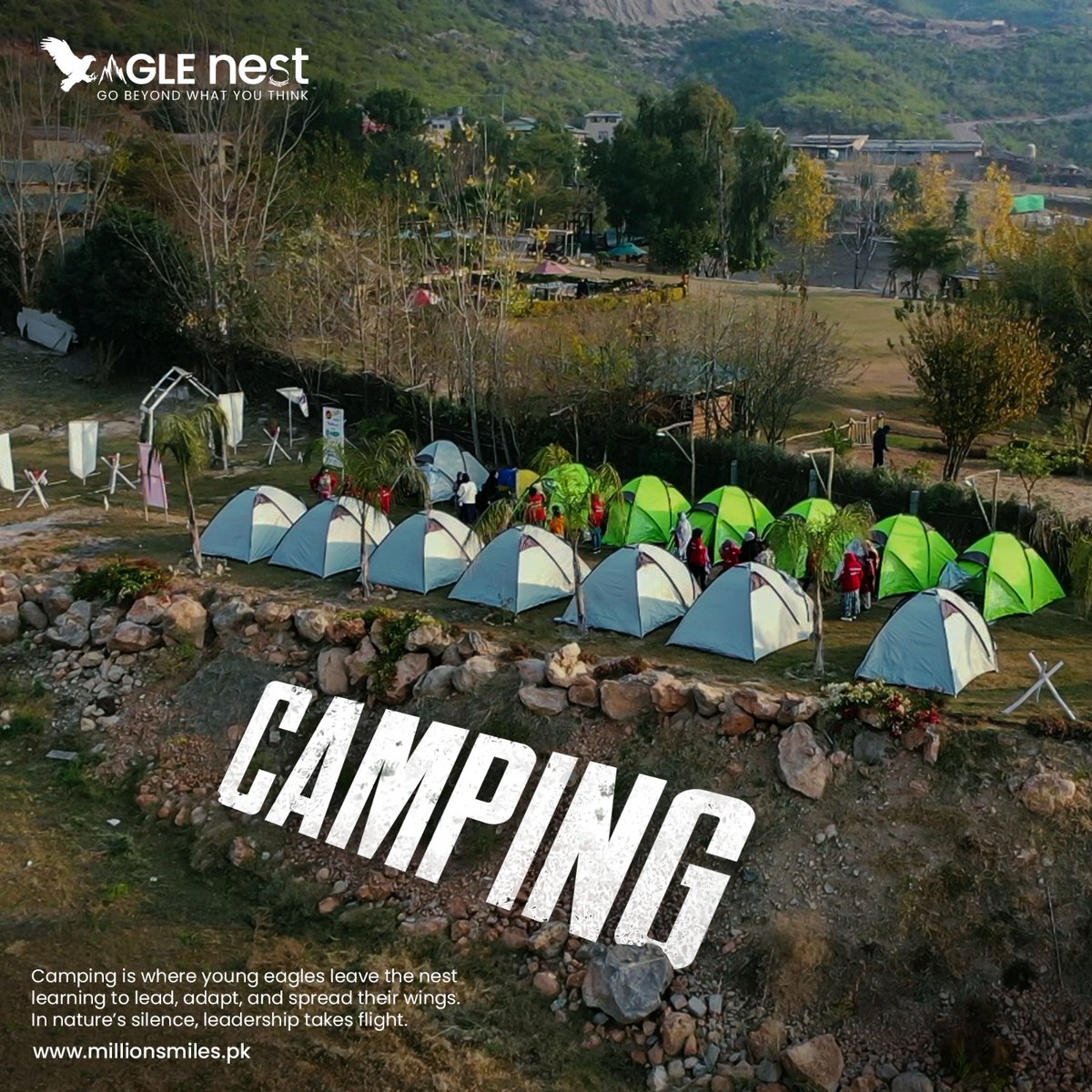 MillionSmilesPK's tweet photo. Camping in the wild, thinking like a leader, rising like an eagle at Pakistan’s Premier Wilderness-Based Leadership Bootcamp by Million Smiles.

Camping at Eagle Nest isn’t just an outdoor escape — it’s a high-impact leadership experience set in the heart of nature. It builds resilience, clarity, and adaptability for real-world challenges.

Participants are pushed to lead under pressure — from pitching tents to guiding peers through tough terrain and reflecting under the stars.

Every activity is designed to build emotional intelligence, teamwork, and self-awareness — key traits of tomorrow’s leaders.

Away from digital noise, youth reconnect with purpose and discover their voice. With every step, they earn their wings to soar.

JOIN US for EN 8.0, coming this August 2025! 

Apply at:
https://t.co/SpNuJtlY27

for further details:
📞+92 314 6500880
✉️ Info@millionsmiles.pk

Are you ready to soar with the Hawks & Falcons? The CORE Eagles await you!

EAGLE NEST - Go Beyond What You Think!

#GoBeyondWith_EagleNest  #MillionSmiles #YouthDevelopment #Leadership #Bootcamp #ExperientialLearning