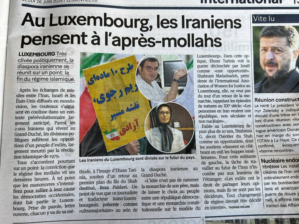 My perspective on the war and the future of Iran, shared in an interview with Mr. <a href="/thomhlz/">Thomas Holzer</a>  in L’Essentiel (Luxembourg) <a href="/lessentiel/">L'essentiel</a>:

We stand against both war and appeasement.
What we call for is the recognition of the Iranian people's struggle and that of the Iranian