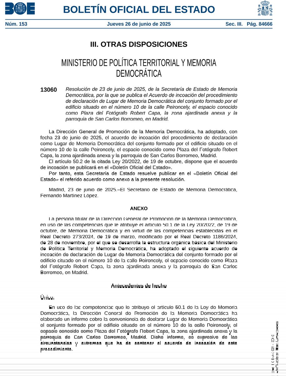EntreBorromeos's tweet image. 📢 La *Secretaría de Estado de Memoria Democrática* ha iniciado la declaración como *Lugar de Memoria Democrática* del conjunto de *Peironcely 10, la Plaza del Fotógrafo Robert Capa y la Iglesia de San Carlos Borromeo*, Vallekas.