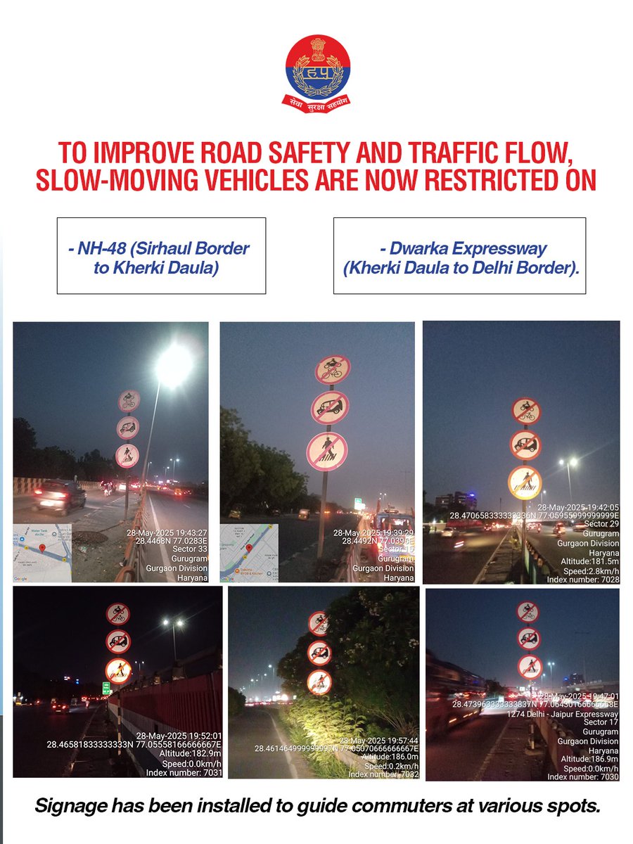 TrafficGGM's tweet photo. 🚨 𝐍𝐞𝐰 𝐓𝐫𝐚𝐟𝐟𝐢𝐜 𝐑𝐮𝐥𝐞 𝐔𝐩𝐝𝐚𝐭𝐞 𝐢𝐧 𝐆𝐮𝐫𝐮𝐠𝐫𝐚𝐦:

🚫 Slow-moving vehicles are now restricted on:
✔️ 𝐍𝐇-𝟒𝟖 (𝐒𝐢𝐫𝐡𝐚𝐮𝐥 𝐭𝐨 𝐊𝐡𝐞𝐫𝐤𝐢 𝐃𝐚𝐮𝐥𝐚) 
✔️ 𝐃𝐰𝐚���𝐤𝐚 𝐄𝐱𝐩𝐫𝐞𝐬𝐬𝐰𝐚𝐲 (𝐊𝐡𝐞𝐫𝐤𝐢 𝐃𝐚𝐮𝐥𝐚 𝐭𝐨 𝐃𝐞𝐥𝐡𝐢 𝐁𝐨𝐫𝐝𝐞𝐫) 

📍 Signage has been installed to guide commuters and ensure smooth traffic flow.

Let’s follow the signs ➡️ and make roads safer for all 🛑🚗

#Gurugram  #Traffic  #Police
