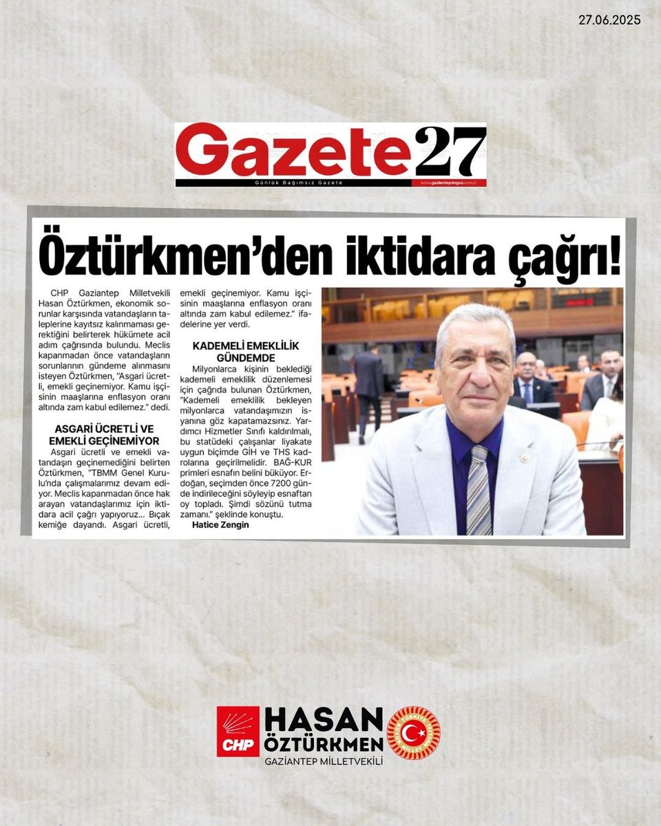 Meclis kapanmadan
▪️Kademeli Emeklilik
▪️Yardımcı Hizmetler Sınıfı'nın talepleri ve
▪️Esnafa verdiğiniz 7200 prim günü sözü
yerine getirilmeli.
Açıklamam Gazete27'de...