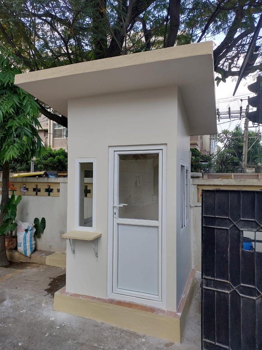 We built this security cabin with #Ui panels for our guards.

It took 8 panels of 8'x4'x4" size to construct it. Time taken to install, around 5 hours.

The walls are thermally insulating, hence our watchman is a much happier person.

It weighs around 700 Kgs.
700 kgs of plastic