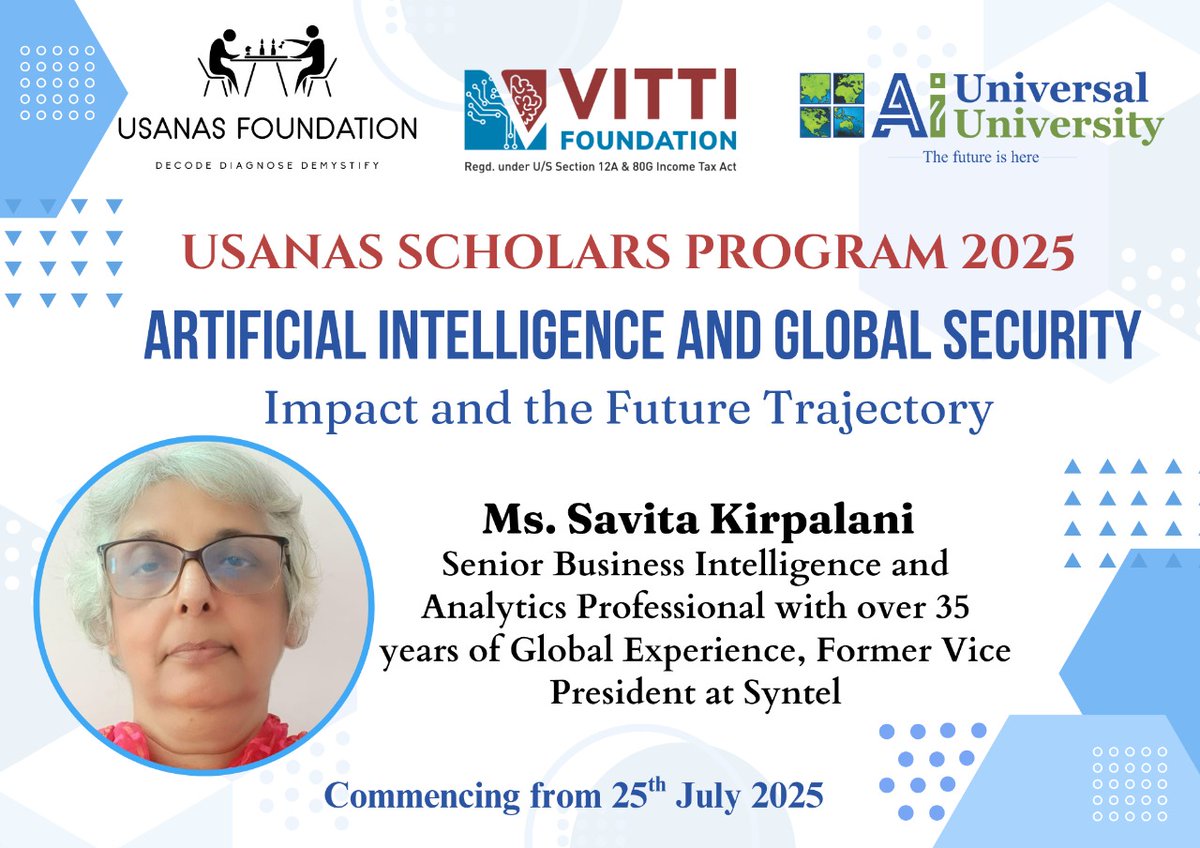 Usanas Foundation (@usanasf) on Twitter photo We are excited to announce that Savita Kirpalani will be joining us as a distinguished speaker for our Usanas Scholars Program 2025
Register now:usanasfoundation.com/usanas-scholarā¦
#AI #security #technology #warfare #cybersecurityawareness #India #data #military
<a href="/abhinavpandya/">Dr. Abhinav Pandya</a> We are excited to announce that Savita Kirpalani will be joining us as a distinguished speaker for our Usanas Scholars Program 2025
Register now:usanasfoundation.com/usanas-scholarā¦
#AI #security #technology #warfare #cybersecurityawareness #India #data #military
<a href="/abhinavpandya/">Dr. Abhinav Pandya</a>