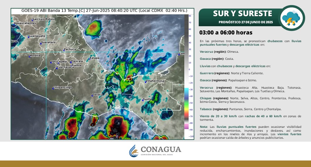 conagua_clima's tweet photo. ⛈️⚡️⚠️ En las próximas tres horas se pronostican #Chubascos y #Lluvias puntuales fuertes con #DescargasEléctricas en entidades del sur y sureste de #México, además de la #PenínsulaDeYucatán.

🤓Más información en las imágenes⬇️ https://t.co/gV39U30s5m