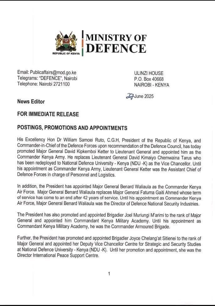 Disembe's tweet photo. Changes in the Senior Ranks of the millitary reflects the President’s vision to ensure the senior ranks of KDF reflect ths national talent pool. 

Presidential actions which continue to detribalize the state most welcome. KBB. https://t.co/ZGsFU04Mox