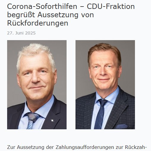 cdufraktion_LSA's tweet photo. #ltlsa Erfolgreicher Einsatz der #CDU-Fraktion: "Die #Rückforderungen der Corona-Soforthilfen konnten gestoppt werden.", sagen der Fraktionsvorsitzende
@GuidoHeuer und der wirtschaftspolitische Sprecher
@ulithomas.   

Mehr dazu in der Pressemitteilung: https://t.co/0sQ0twMK2k https://t.co/QLBHPe7aRC