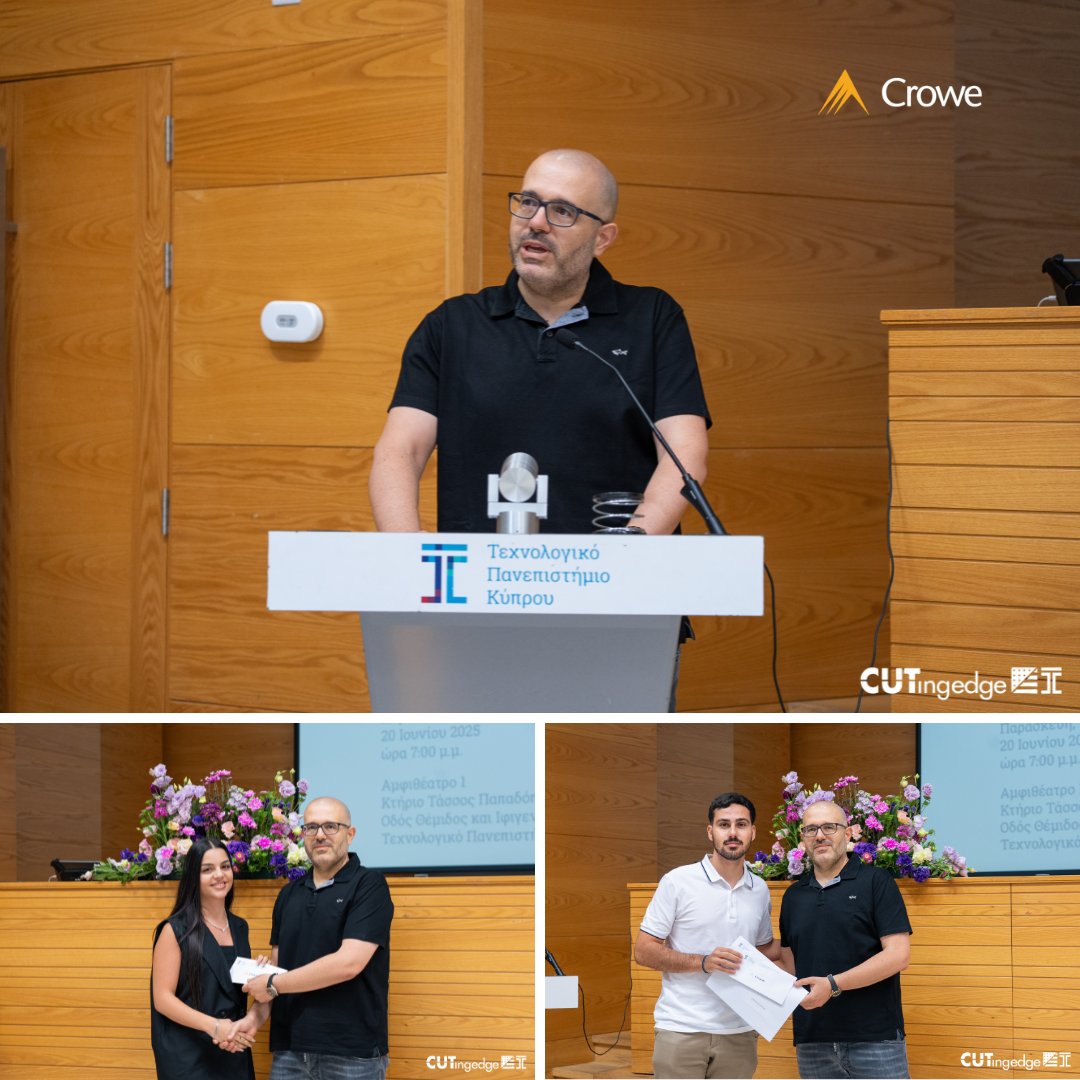 CroweCyprus's tweet photo. Our HR Director, Chrysis Pegasiou, had the honour of awarding the top students from the Department of Finance, Accounting & Management Science and the Department of Shipping at the Cyprus University of Technology.
#CUT #CroweCyprus #WeAreCrowe #Cyprus https://t.co/9XueT92lCc