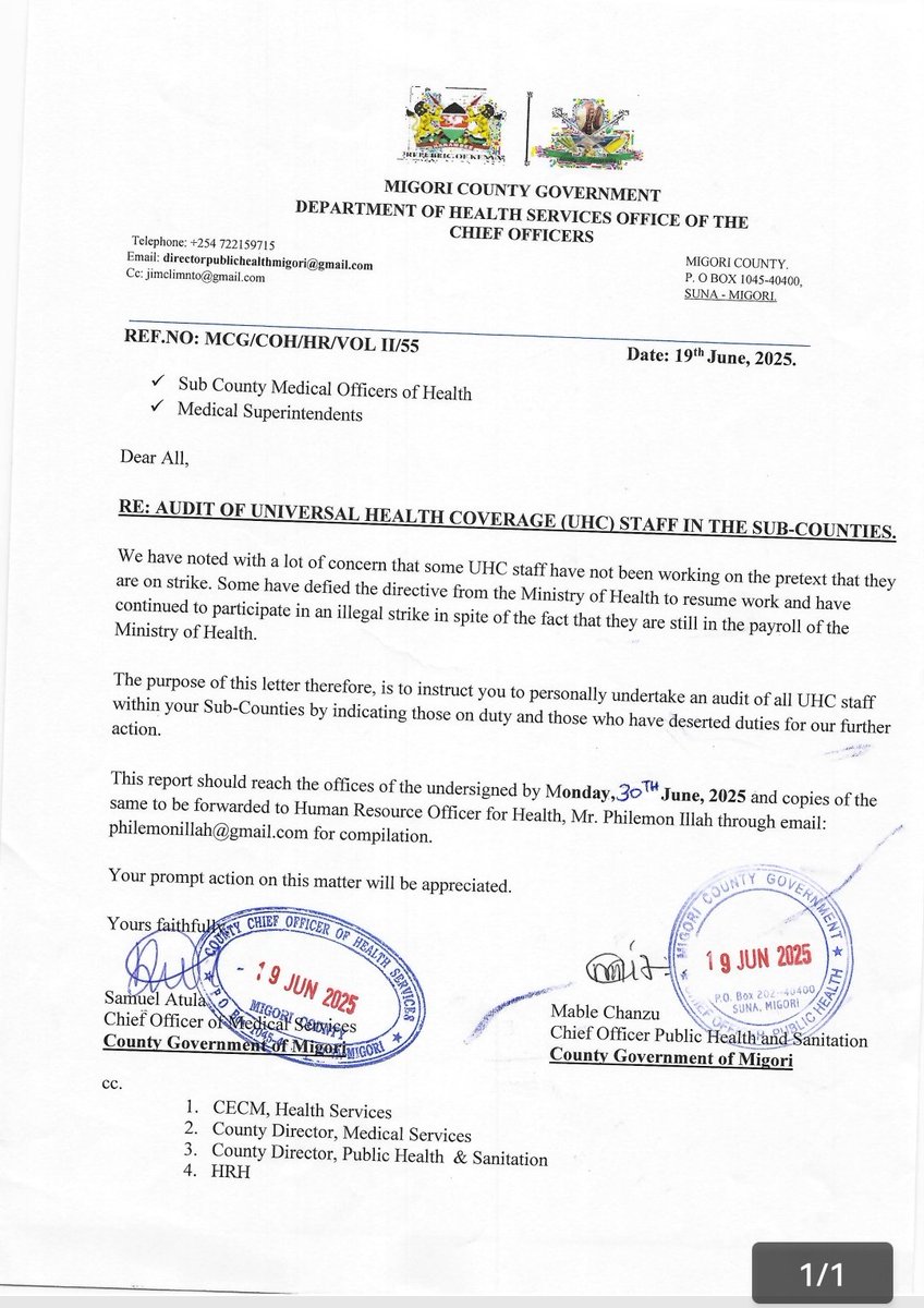 Kenya Union of Clinical Officers (@kucoofficial) on Twitter photo There is a clear attempt by some County Governments to replace <a href="/UHCmedicsKe/">UHC Medics ke</a> staff and bring in their people.
It is well known that UHC staff have been on strike for about 6 months now fighting against discrimination.
Any attempt will lead to a general strike. There is a clear attempt by some County Governments to replace <a href="/UHCmedicsKe/">UHC Medics ke</a> staff and bring in their people.
It is well known that UHC staff have been on strike for about 6 months now fighting against discrimination.
Any attempt will lead to a general strike.