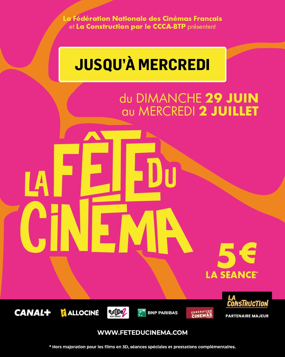Jusqu'au 2 Juillet, c'est 5 € la séance dans tous les cinémas de France  ! ☀💛

#feteducinema #bonplan #cinema #film #programmation