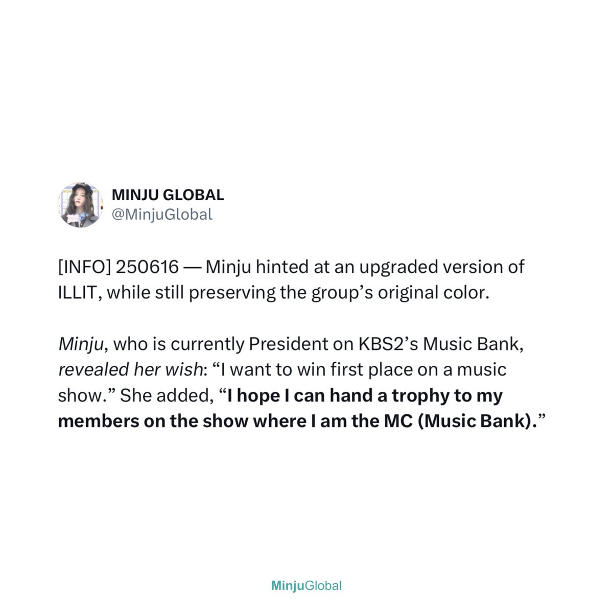 MinjuGlobal's tweet image. Congratulations to MINJU and ILLIT for winning this week’s Music Bank! 🏆✨
To our beloved MC Minju — ever since you took on the role, we knew this moment was one of your biggest dreams. And today, it finally came true — not just as a MC, but also standing on that stage and…