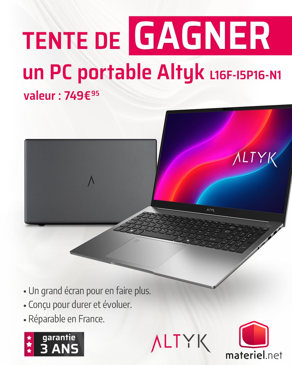 🎁 𝐂𝐎𝐍𝐂𝐎𝐔𝐑𝐒 🎁

💥 RT + Follow <a href="/AltykFR/">Altyk</a> &amp; <a href="/materielnet/">Materiel.net</a> pour recevoir ce magnifique outil de travail &amp; divertissement 💻

🎰 TAS le 08/07
🍀 Bonne chance à toutes et tous !

👉 materiel.net/produit/202505…