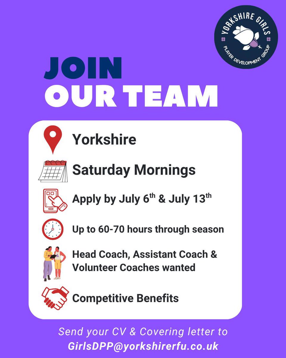 YorkshireGirlsU16PDG (@girlsdpp_yrfu) on Twitter photo We are looking for our 2025/26 coaching team! 🤩🤩
•Head Coach
•Two assistant coaches
•Volunteer coaches
To view the full job description visit: yorkshirerfu.pitchero.com/news/coaching-…
Or 📧 GirlsDPP@yorkshirerfu.co.uk for a pdf copy. We are looking for our 2025/26 coaching team! 🤩🤩
•Head Coach
•Two assistant coaches
•Volunteer coaches
To view the full job description visit: yorkshirerfu.pitchero.com/news/coaching-…
Or 📧 GirlsDPP@yorkshirerfu.co.uk for a pdf copy.