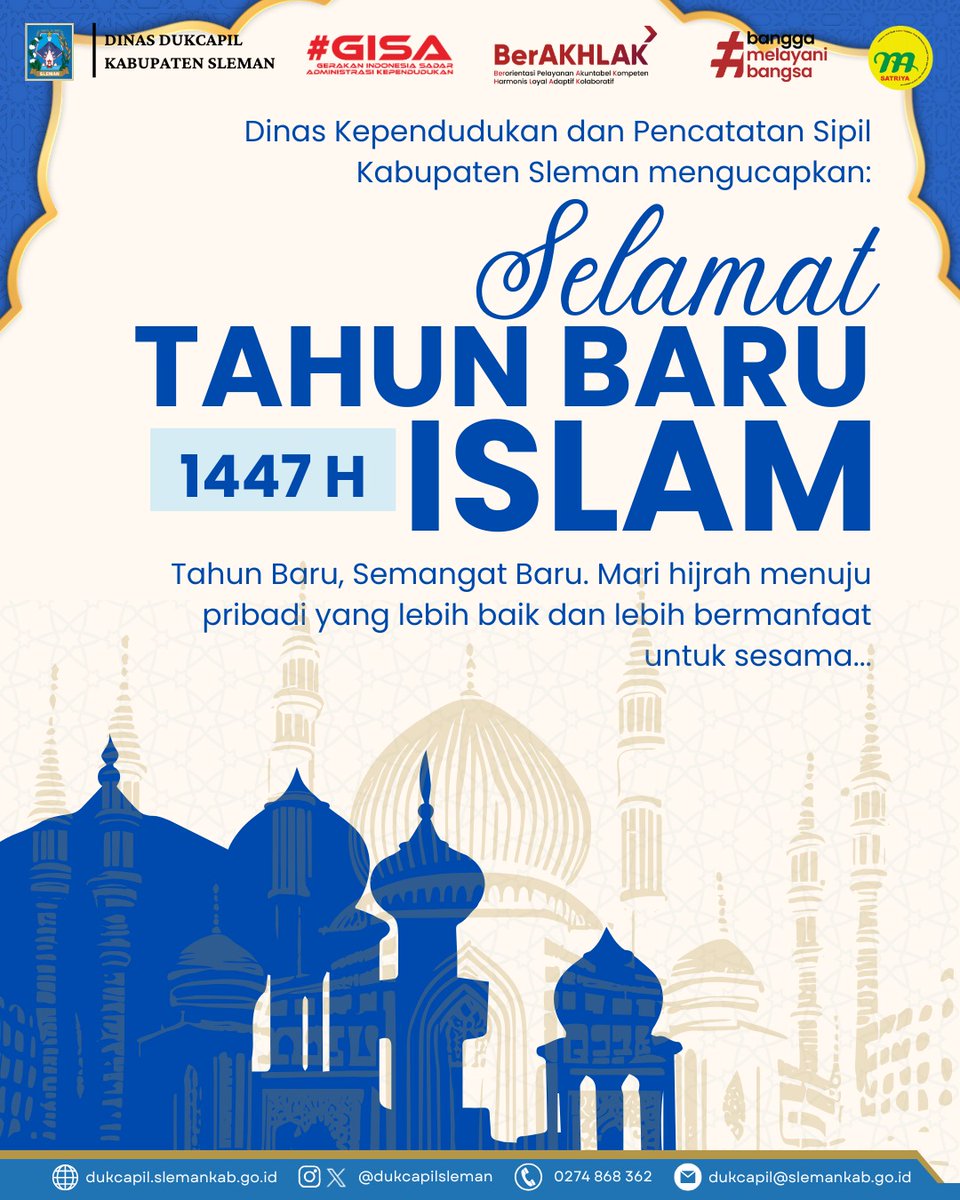 Dinas Kependudukan dan Pencatatan Sipil Kabupaten Sleman Mengucapkan Selamat Tahun Baru Islam 1447 Hijriyah. 

Pelayanan Dinas Kependudukan dan Pencatatan Sipil Kabupaten Sleman pada hari Jumat, 27 Juni 2025  libur dan akan buka kembali pada hari Senin, 30 Juni 2025.