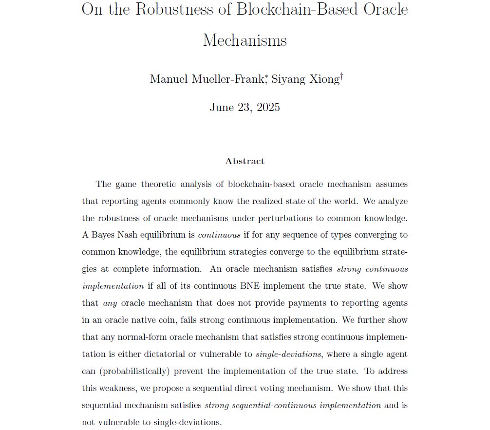🚨New paper alert🚨
Oracles perform well when reporting agents commonly know the state (say ETH/$), i.e., all know the state, know that all know it and so on. In our new paper, @siyangxiong and I analyze the robustness of oracles when common knowledge is slightly disrupted. 1/n