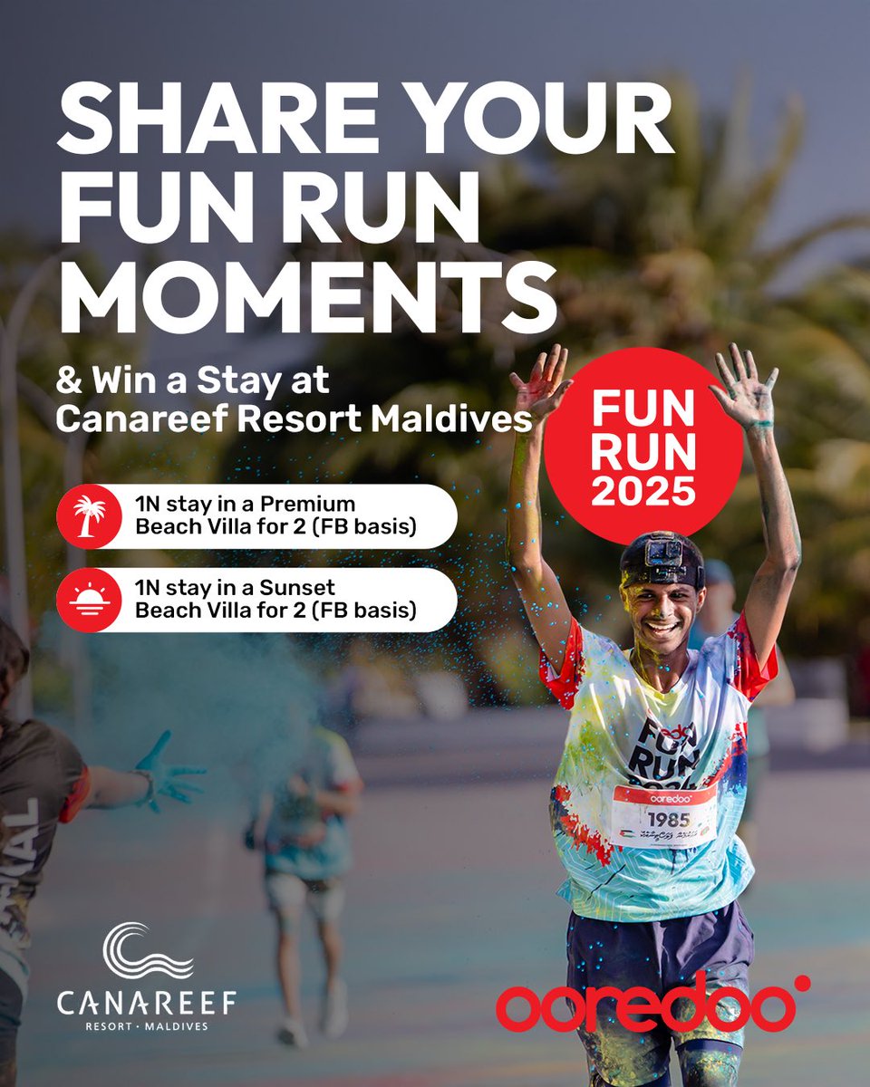 Ooredoo Maldives (@ooredoomaldives) on Twitter photo Heading to #OoredooFunRun in #AdduCity today? Weโve got exciting news! ๐
Share your best #OoredooFunRun moments and stand a chance to win a stay at <a href="/Canareef/">Canareef Resort Maldives</a>! ๐๏ธ๐ธ
๐๏ธ 1N in a Premium Beach Villa for 2
๐
1N in a Sunset Beach Villa for 2
๐
Enter by 11:59pm, 5th July 2025
๐ฒ Heading to #OoredooFunRun in #AdduCity today? Weโve got exciting news! ๐
Share your best #OoredooFunRun moments and stand a chance to win a stay at <a href="/Canareef/">Canareef Resort Maldives</a>! ๐๏ธ๐ธ
๐๏ธ 1N in a Premium Beach Villa for 2
๐
1N in a Sunset Beach Villa for 2
๐
Enter by 11:59pm, 5th July 2025
๐ฒ