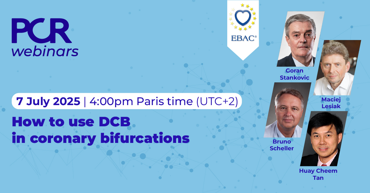 PCRonline 🫀 (@pcronline) on Twitter photo Do you want to know how to use DCB in coronary bifurcations?
🗓️ Monday 7 July 2025 at 4:00pm (UTC+2)
🧑⚕️<a href="/GoranEBC/">Goran Stankovic, MD, PhD</a> with <a href="/M_Lesiak/">Maciej Lesiak</a>, @bruno_scheller and H. C. Tan will discuss the evidence supporting DCB use in coronary bifurcation treatment
🔗 Register now: pcronline.com/Webinars/PCR-W… Do you want to know how to use DCB in coronary bifurcations?
🗓️ Monday 7 July 2025 at 4:00pm (UTC+2)
🧑⚕️<a href="/GoranEBC/">Goran Stankovic, MD, PhD</a> with <a href="/M_Lesiak/">Maciej Lesiak</a>, @bruno_scheller and H. C. Tan will discuss the evidence supporting DCB use in coronary bifurcation treatment
🔗 Register now: pcronline.com/Webinars/PCR-W…