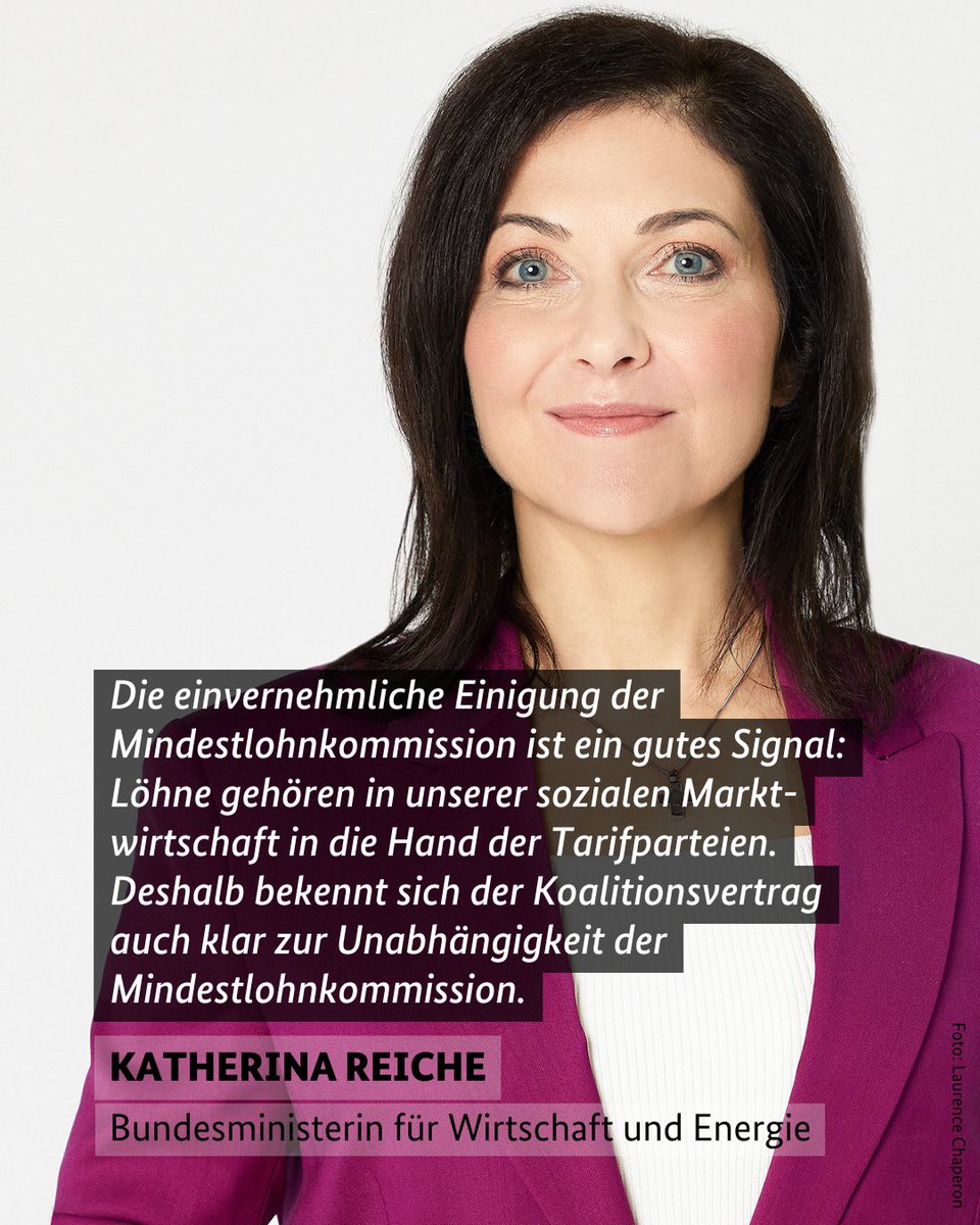 BMWE_'s tweet image. Bundeswirtschaftsministerin Katherina Reiche zur heutigen Empfehlung der Mindestlohnkommission. #Mindestlohn