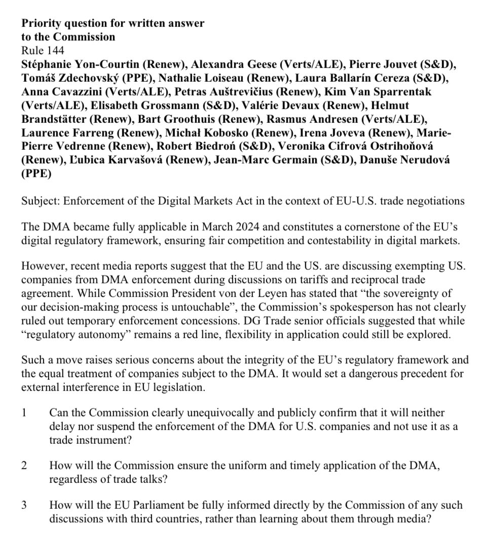 Stéphanie Yon-Courtin (@s_yoncourtin) on Twitter photo 🇪🇺 The Digital Markets Act is not a bargaining chip.
With fellow MEPs, I’m calling on the <a href="/EU_Commission/">European Commission</a> to publicly commit to full enforcement of the DMA with no exceptions for US companies !
Our question to the Commission 👇 🇪🇺 The Digital Markets Act is not a bargaining chip.
With fellow MEPs, I’m calling on the <a href="/EU_Commission/">European Commission</a> to publicly commit to full enforcement of the DMA with no exceptions for US companies !
Our question to the Commission 👇