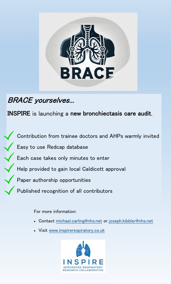 INSPIREresp_UK's tweet image. 🫁 BRACE yourselves! INSPIRE is launching a new bronchiectasis care audit.
REDCAP database for secure data collection, authorship opportunities, published recognition of all contributors and more...
Register your interest HERE
shorturl.at/BUJIu