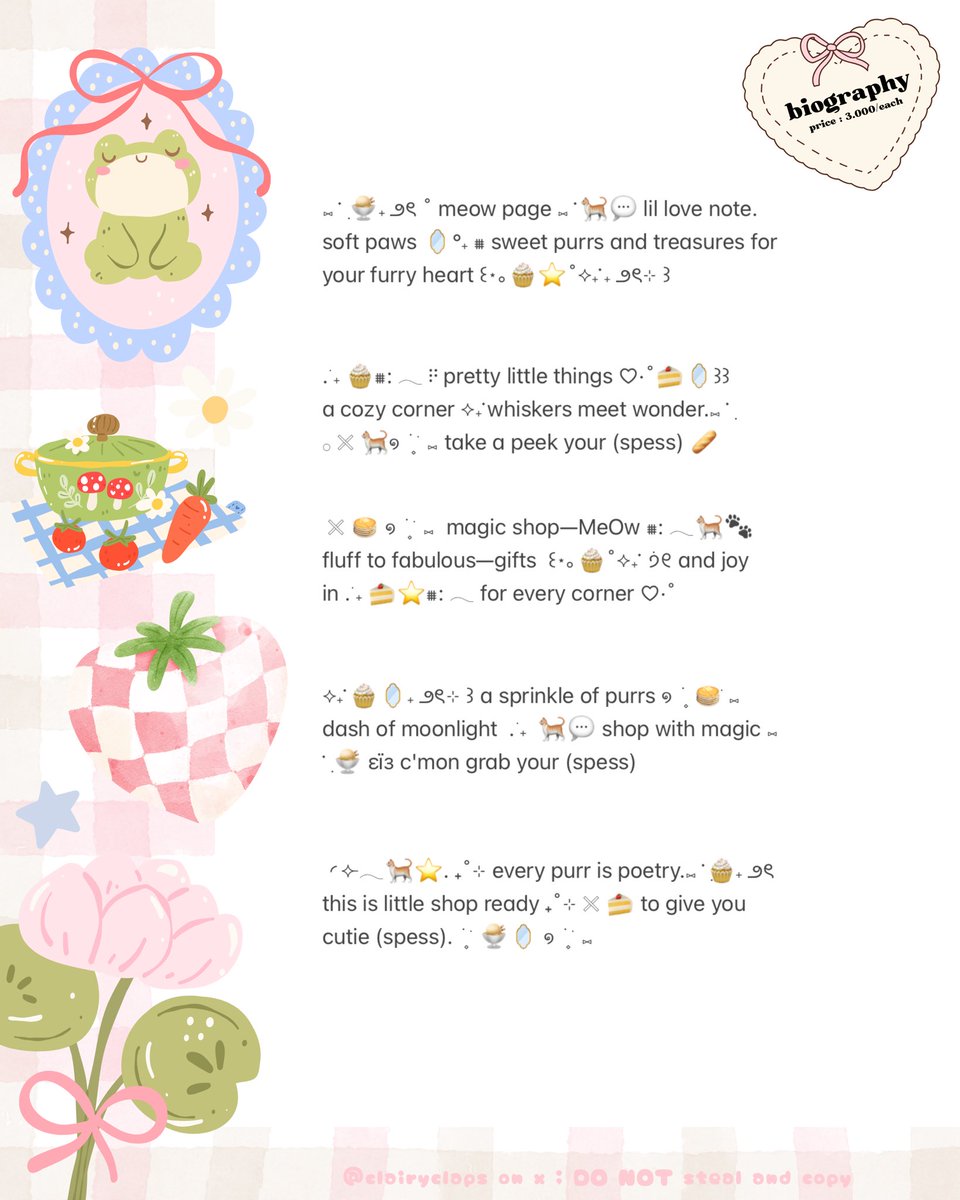 clapsiry's tweet photo. ₍^. .^₎Ⳋ help repost? maaci <3

hi! aku kembali membawa ready stock wording bio dengan tema kucing meong 🐈🧁 dan kidcore bokem 👧🏻🧃dengan harga 3.000/each saja ˚⟡˖࣪  ֹ

bisa di take sekarang yaa, langsung saja menuju dm kuu < @ after dm please > 💬

#zonauangᅠᅠ https://t.co/A9tw7o1n0y