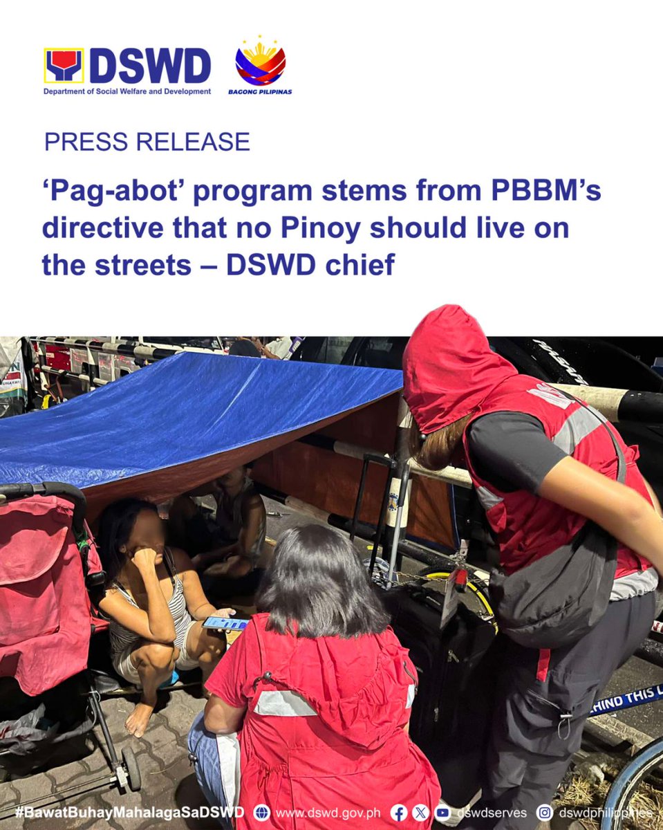 dswdserves's tweet image. DSWD PRESS RELEASE: Pag-abot’ program stems from PBBM’s directive that no Pinoy should live on the streets – DSWD chief

Secretary @rex_gatchalian told anchor Ces Drilon that the program started in 2023 based on the directive of President R. Ferdinand Marcos, Jr. that no Filipino…