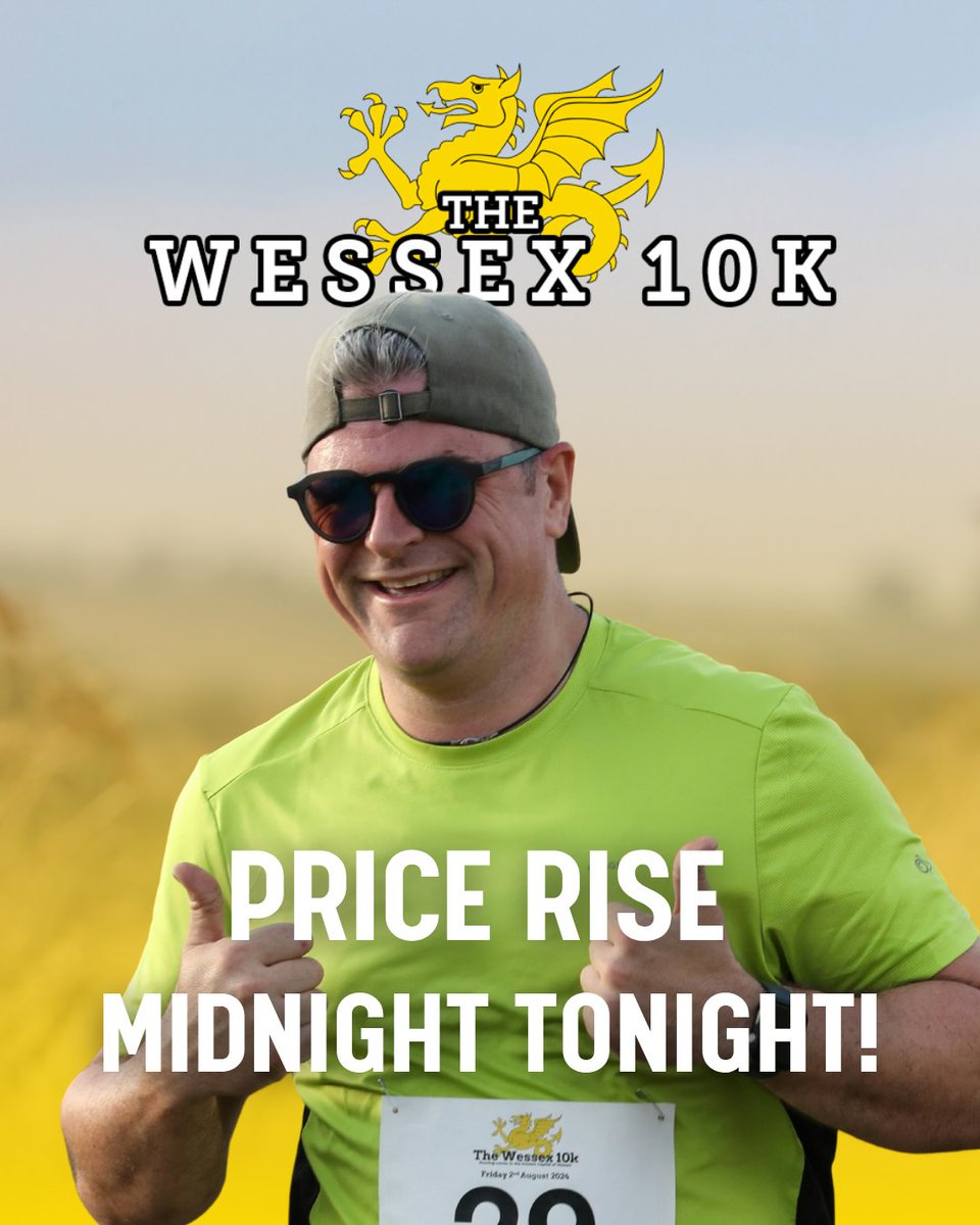 🚨 LAST CHANCE! 🚨

The price for Wessex 10K goes up at MIDNIGHT TONIGHT - so lock in your place now!

Join us for an epic run through beautiful countryside, starting and finishing at Somerton Recreation Ground at 7pm on Friday 1st August.

Let’s goooo 👉 wessex10k.com
