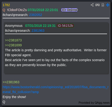 bshar_UltraMaga's tweet image. Great find!
The boston fern stood out to me...the comms are crazy on this one.
Article link: Amazing article linking Comey/FISA/Clinton/Seth Rich and the media bostonherald.com/2018/07/30/fis…
Video length 113 - Q113 Big tech/MSM/A Cooper!
I think we just got a dump on what's coming.