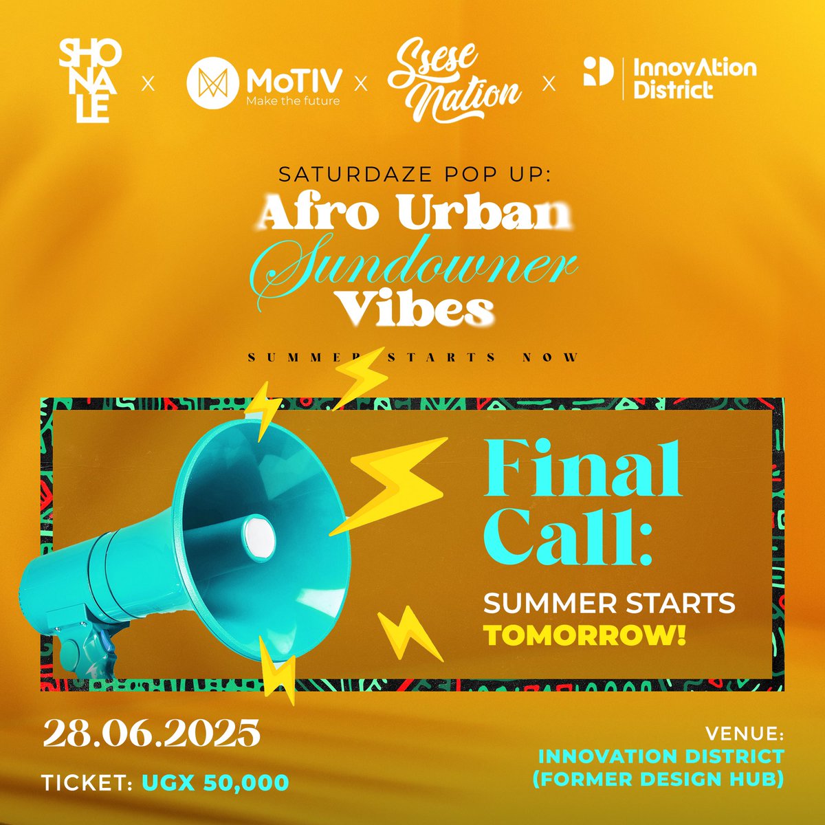 MotivUG's tweet image. Saturdaze Pop Up: Afro Urban Sundowners is going down TOMORROW!
It’s the ultimate summer collab by MoTIV, @shorts_na_lessu , @SseseNation , and @InnovaDistrict — pulling up at the Innovation District (former Design Hub) from 2PM till late.
Expect vibes, fashion, music, and the…