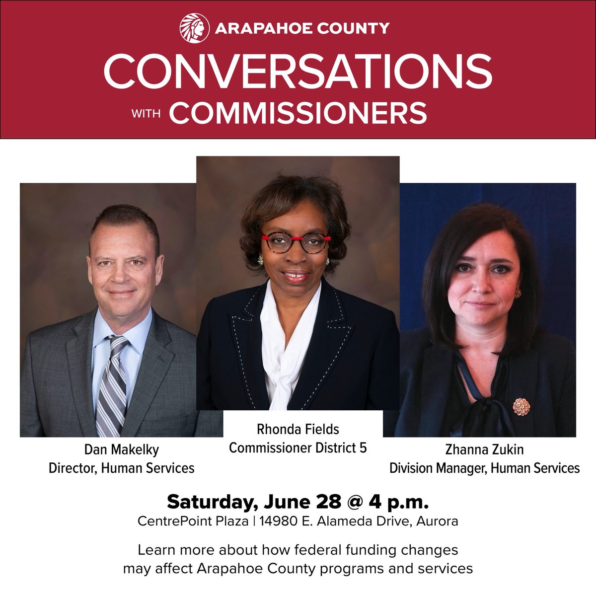 Town hall: I’ll be joined by Arapahoe County Human Services Director Dan Makelky &amp; Shanna Zukin to discuss how federal funding changes are affecting critical programs like food assistance, child welfare, housing, support for seniors, children &amp; low-income families. Details below.