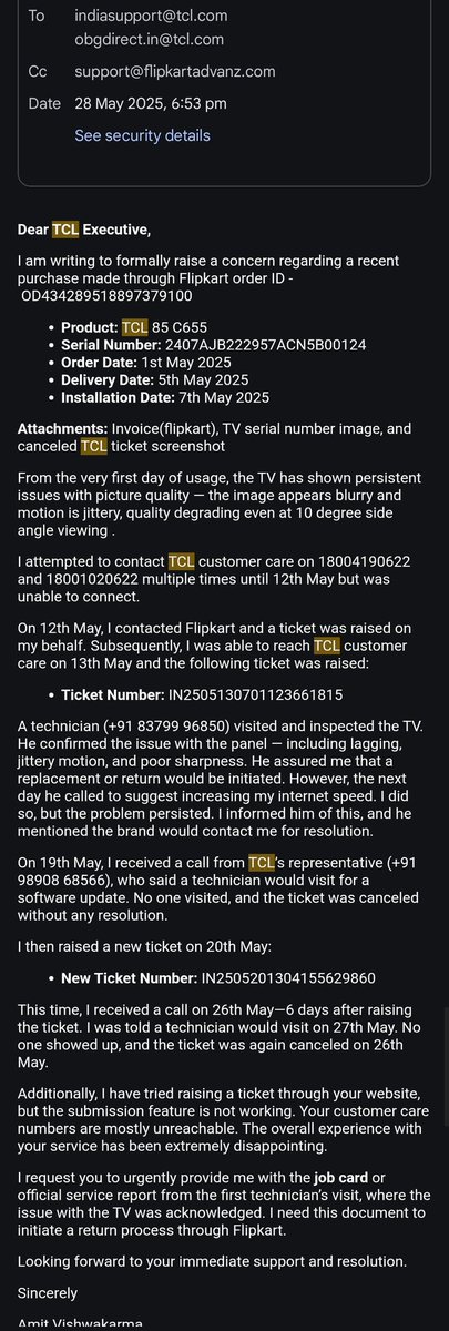 amitvbpl's tweet photo. @tcl_india Never buy any  @tcl_india TCL TV.  I’m struggling to return or repaired  my defective recently purchased (5th May) 85C655 TV. Panel is pathetic and defective and customer care was harassing  me over call
@TCL_Global , @TCL,  @TCL_USA , @tcl_middleeast , @TCL_Europe , @TCL_Brand https://t.co/R4xEmCqQal