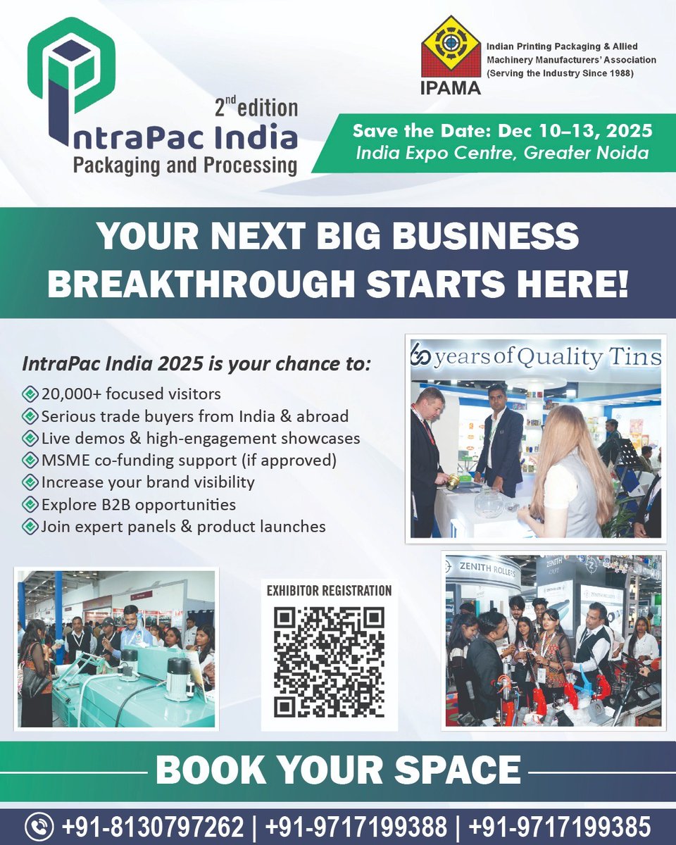 📷 𝐁𝐨𝐨𝐤 𝐘𝐨𝐮𝐫 𝐒𝐩𝐚𝐜𝐞 𝐍𝐨𝐰
📷 Visit: intrapacindia.com
📷 Book Your Space: intrapacindia.com/Book_Your_Spac…
📷 Contact the IntraPac India Team:
📷 Abhinav Kumar Singh
📷 gm@ipama.org | 📷 +91-8130797262