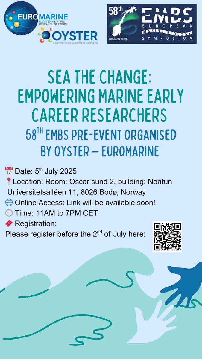 EM_OYSTER's tweet photo. 📢 Are you a marine ECR?
Join us in the Pre-Event of EMBS in Bodø! Details👇

📅 Date: 5th July 2025 
📍Location: Room: Oscar sund 2, building: Noatun
 Universitetsalléen 11, 8026 Bodø, Norway 
🎟️ Registration: https://t.co/r2nMxzt3PM 
Please register before the 2nd of July here: https://t.co/mhON9IJ87t