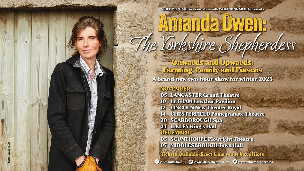 Onwards and Upwards!! Amanda’s going on tour! 
 
In a brand-new show for winter 2025, Amanda Owen, bestselling author and star of TV’s Our Yorkshire Farm and Our Farm Next Door, shares heartwarming stories and humorous anecdotes from life on the farm. nothird.co.uk/live-shows/ama…