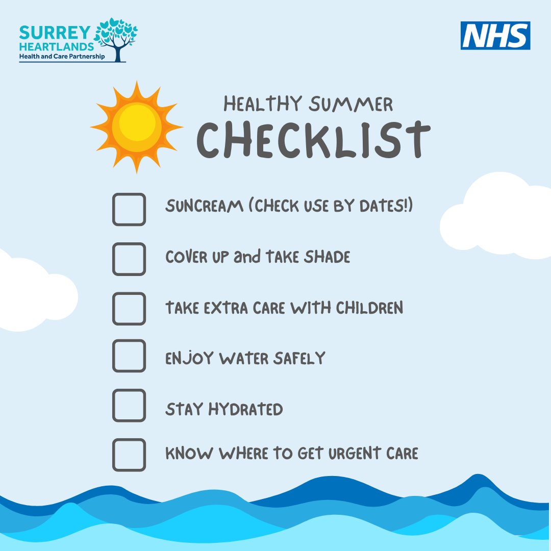 Tick off our Healthy Summer Checklist to stay well in the heat ☀️ 

Stay safe by checking sunscreen expiry dates and staying hydrated.

#StayCool