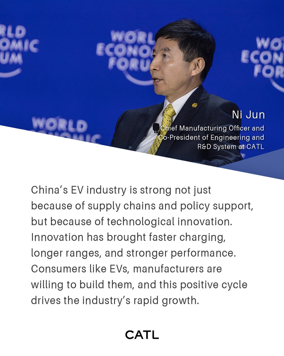 China’s EV industry didn’t grow by accident, according to Ni Jun, our Chief Manufacturing Officer and Co-President of Engineering and R&amp;D System.

Watch full session on: youtube.com/watch?v=n6cuSI…

#WEF2025 #EVInnovation #FutureMobility #CATL #Sustainability